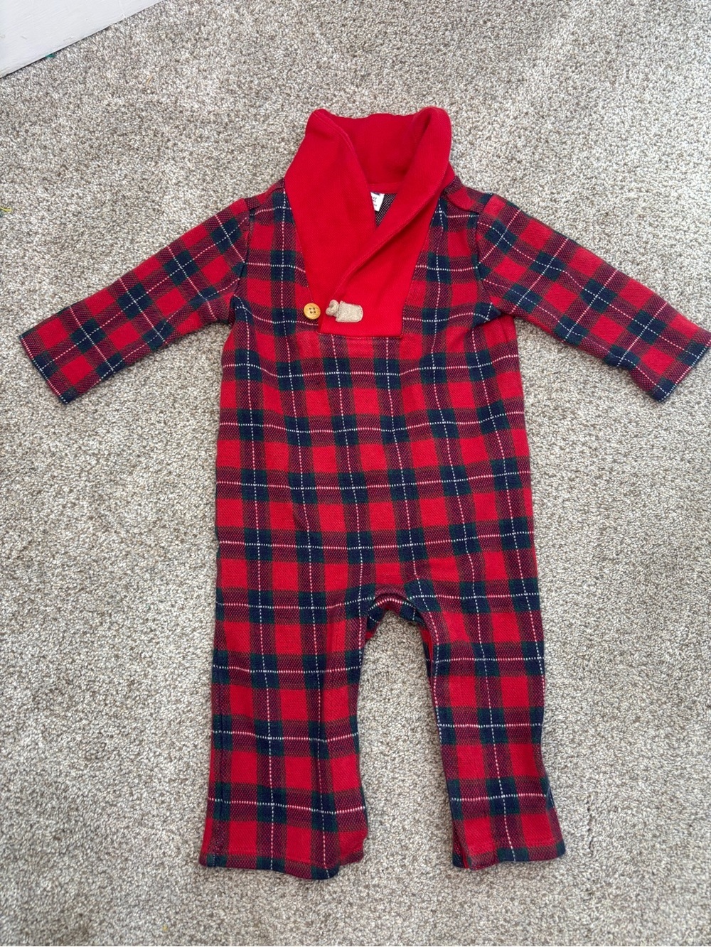 Janie and Jack Red and Navy Plaid Shawl-Collar Footed One-Piece Tartan One piece